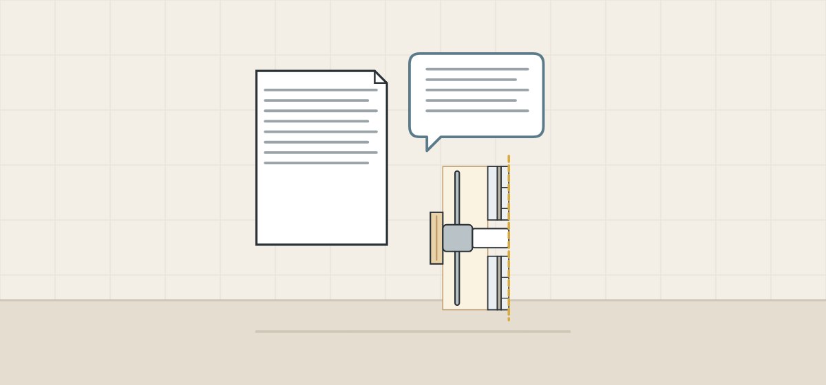 Illustration of a document, a message bubble and a small wall section