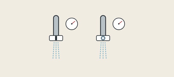 Illustration: two outlets with pressure gauges, one with a fixed orifice and one with a ring regulator