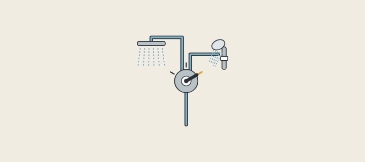 Illustration: a wall control feeding an overhead shower and a hand shower