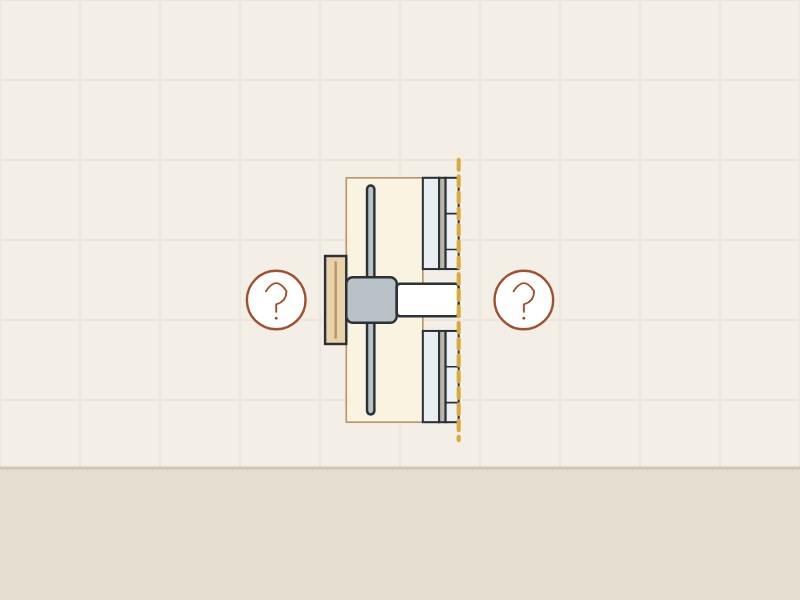 Illustration of a wall section with a concealed valve between two question marks