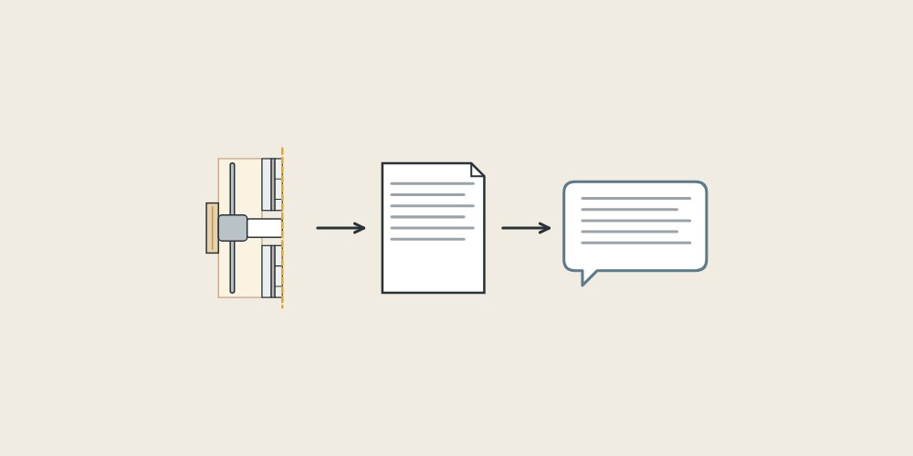 Illustration of a wall section, a document and a message bubble linked by arrows