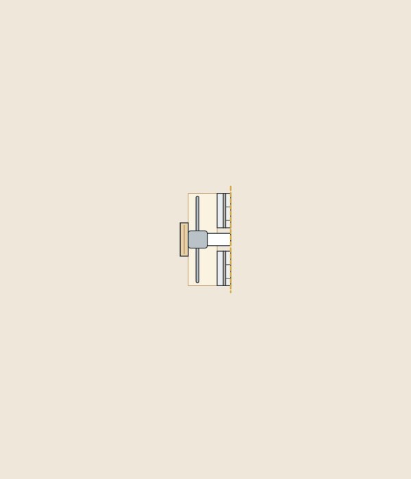 Illustration of a wall section with a concealed valve and a dashed line at the tile face