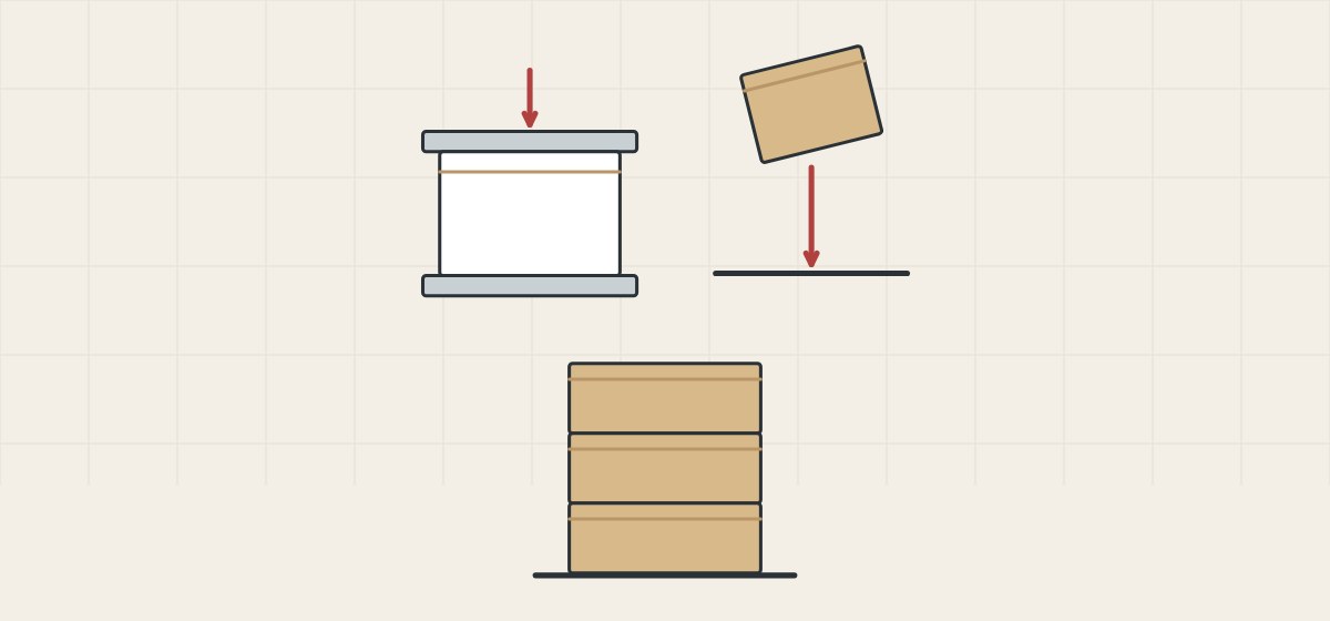 Illustration of an empty box between press plates, a box falling to the floor and a stack of three boxes