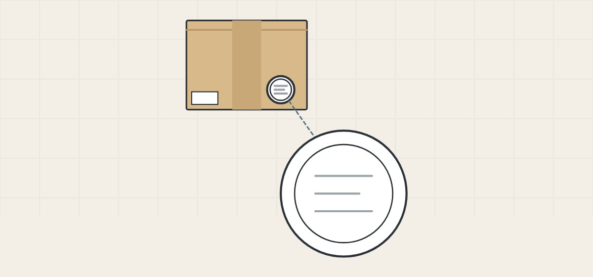 Illustration of a carton with a small round certificate mark and the same mark enlarged below it