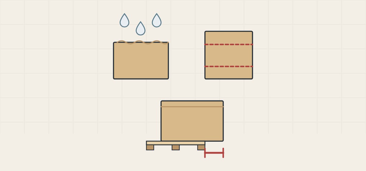Illustration of a carton under water drops, a carton with dashed score lines and a carton overhanging a pallet