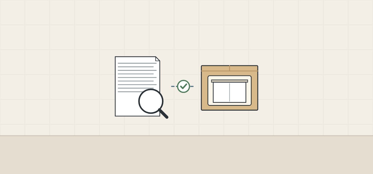 Illustration of a test report under a magnifier linked by a tick to a packed carton