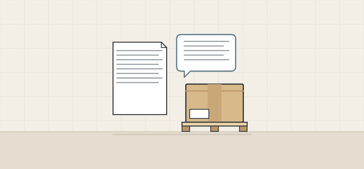 Illustration of a document, a message bubble and a carton on a pallet