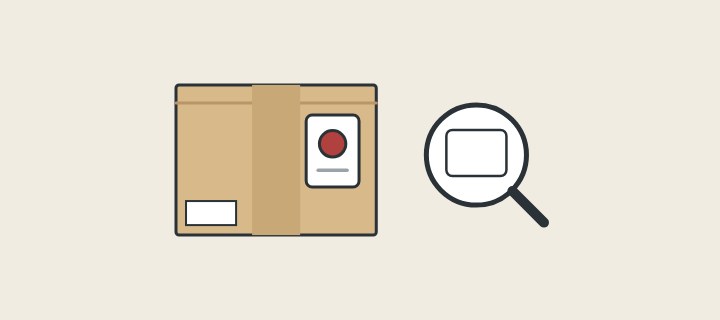 Illustration: a carton with a triggered impact label beside a magnifier over the product