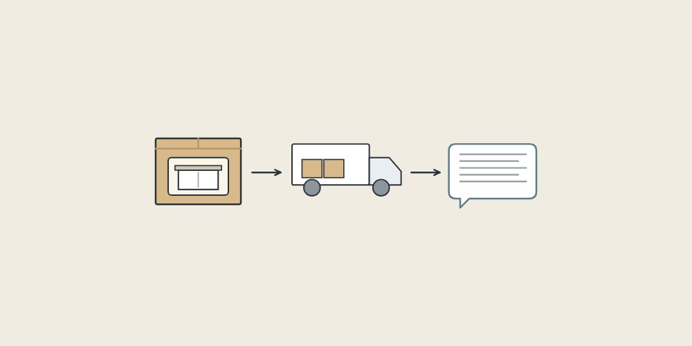Illustration of a packed carton, a truck and a message bubble linked by arrows