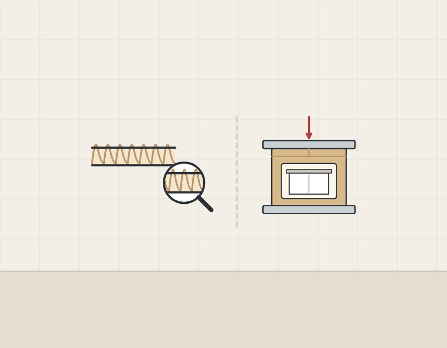 Illustration of a piece of corrugated board under a magnifier beside a packed carton between two press plates