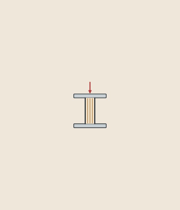 Illustration of a short piece of corrugated board standing on edge between two plates with an arrow pressing down