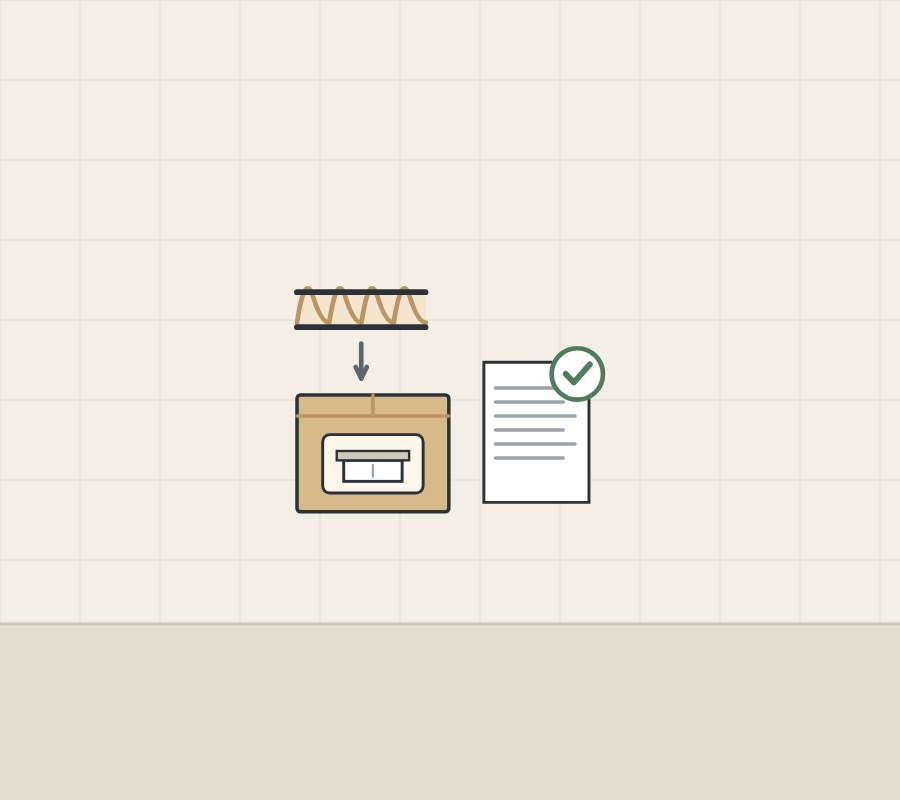 Illustration of corrugated board above a packed carton beside a report with a tick