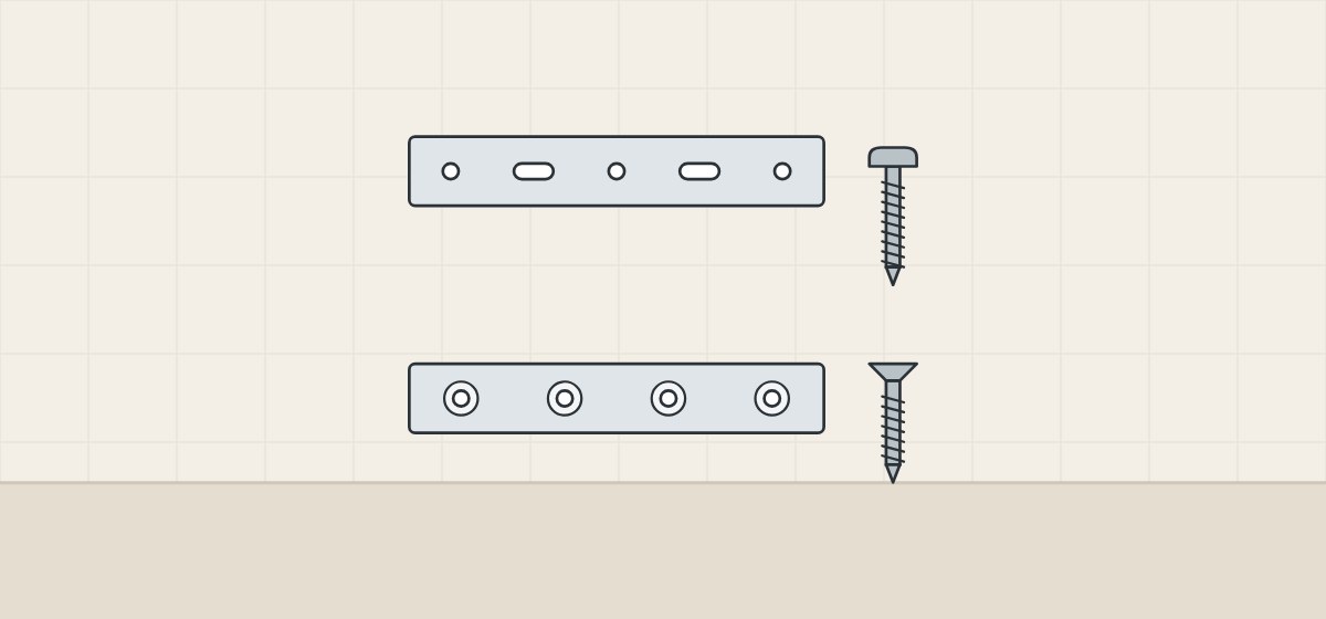 Illustration of a slide member with round and slotted holes beside a pan head screw and a slide member with countersunk holes beside a countersunk screw