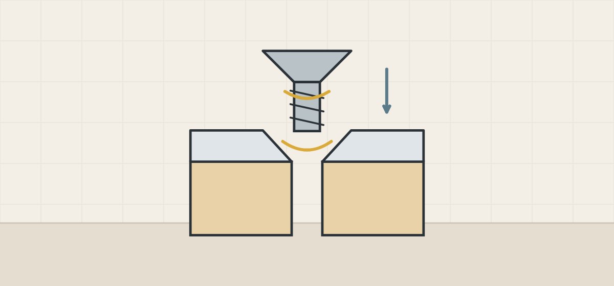 Illustration of an enlarged countersunk screw head above a countersunk hole in a plate, with matching cone arcs