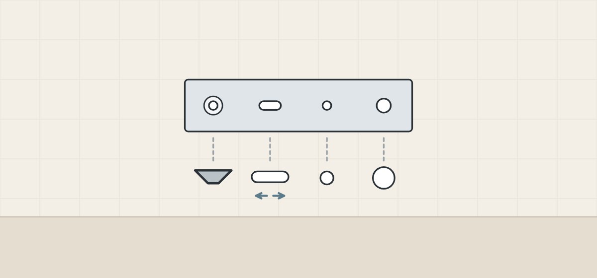 Illustration of a slide member with a countersunk hole, a slotted hole, a small round hole and a larger hole