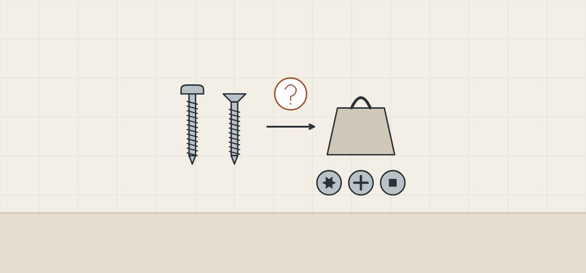 Illustration of two screws, a question mark and a weight above three screw heads with different drive recesses