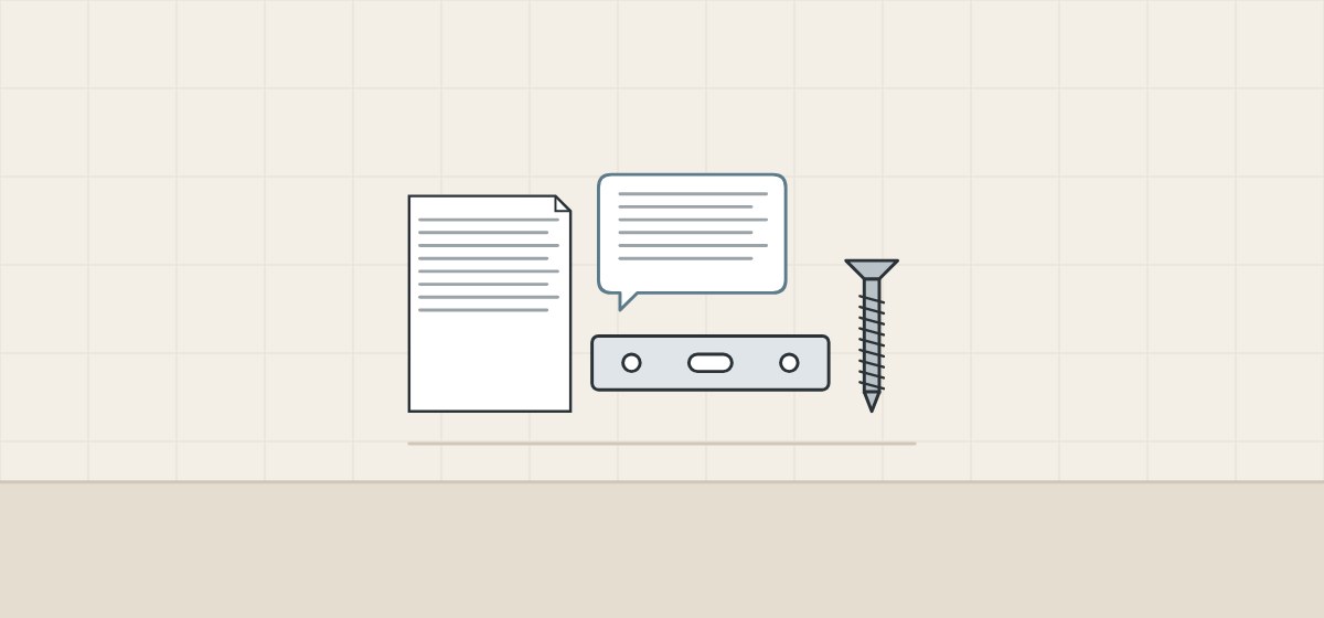 Illustration of a document, a message bubble, a slide member with holes and a screw