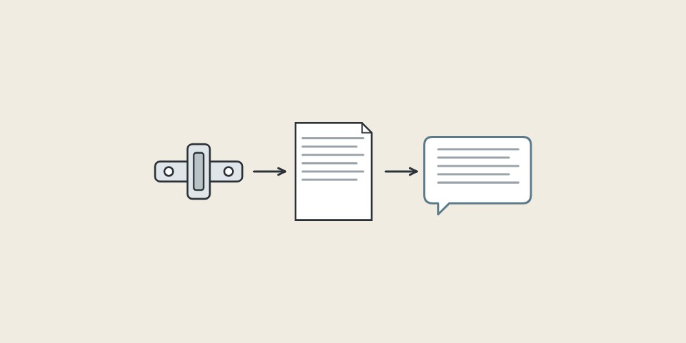 Illustration of a hinge mounting plate, a document and a message bubble linked by arrows