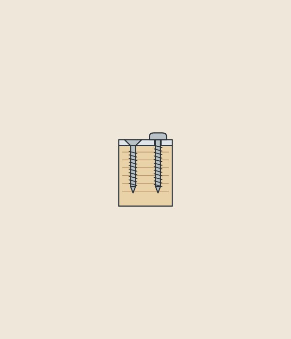 Illustration of a countersunk screw flush in a countersunk hole beside a pan head screw resting on a plain hole