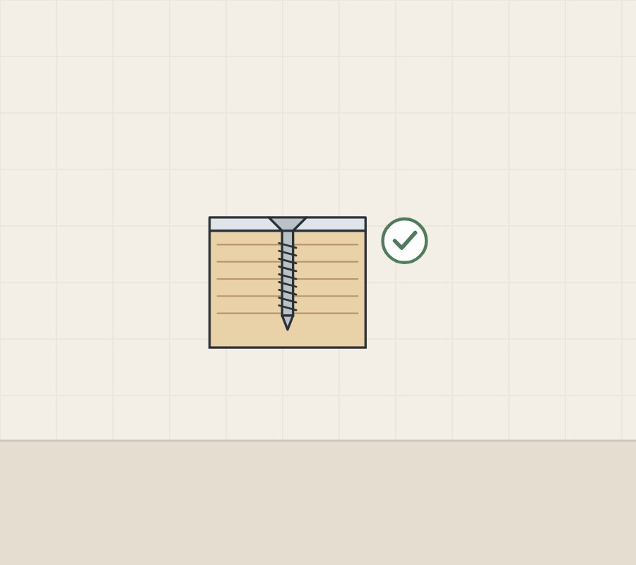 Illustration of a countersunk screw flush in a countersunk plate, with a check mark