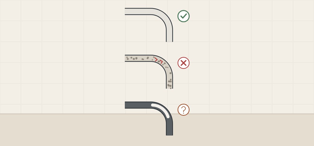 Illustration of three bent sheets: a light plain one ticked, one with large particles cracked at the bend, and a dark one with a whitened band