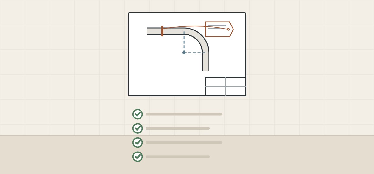 Illustration of a drawing sheet with a bent sheet section, its radius and a tagged seam, above a ticked checklist