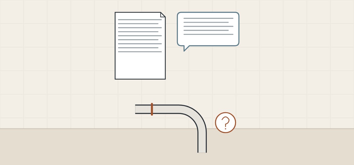 Illustration of a document, a message bubble and a bent sheet section with one seam and a question mark