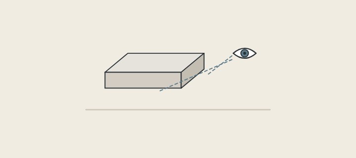 Illustration: a corner of a vanity top with an eye looking at its front edge and finished end