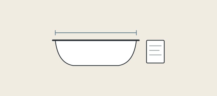 Illustration: a bathtub in side view with a dimension line above it and a drawing sheet beside it