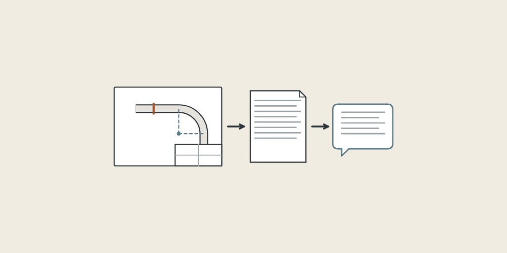 Illustration of a drawing of a bent part, a document and a message bubble linked by arrows