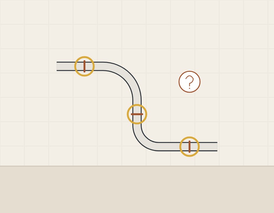 Illustration of a sheet section with two bends, three circled seams and a question mark