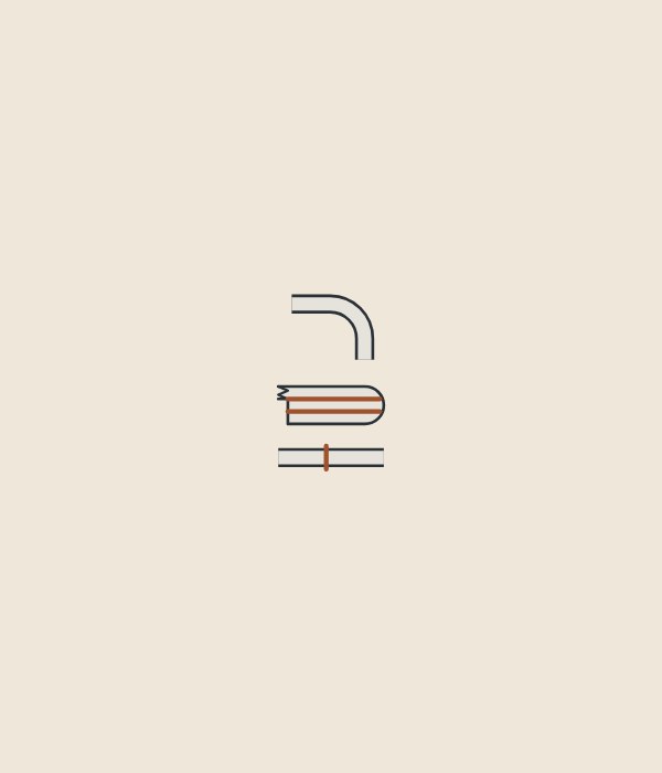 Illustration of three sheet sections: a bent sheet, a stacked edge with a rounded front and two pieces joined at a seam