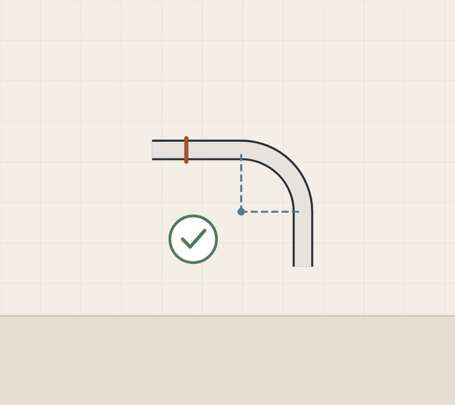 Illustration of a bent sheet section with its radius and one seam marked, and a tick