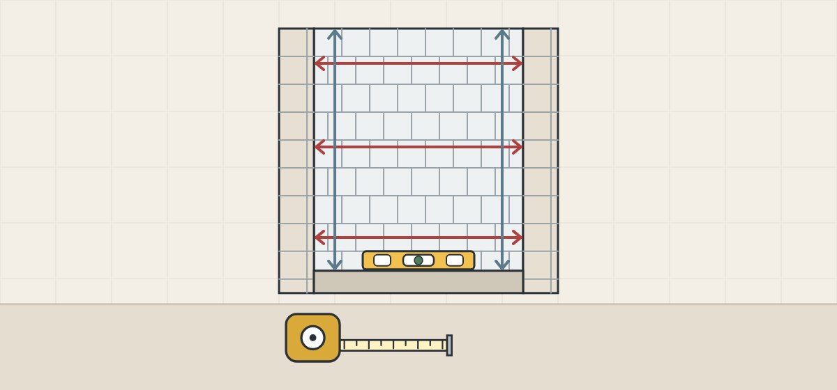 Illustration of a tiled shower opening with three width lines, a height line each side, a spirit level on the curb and a tape measure