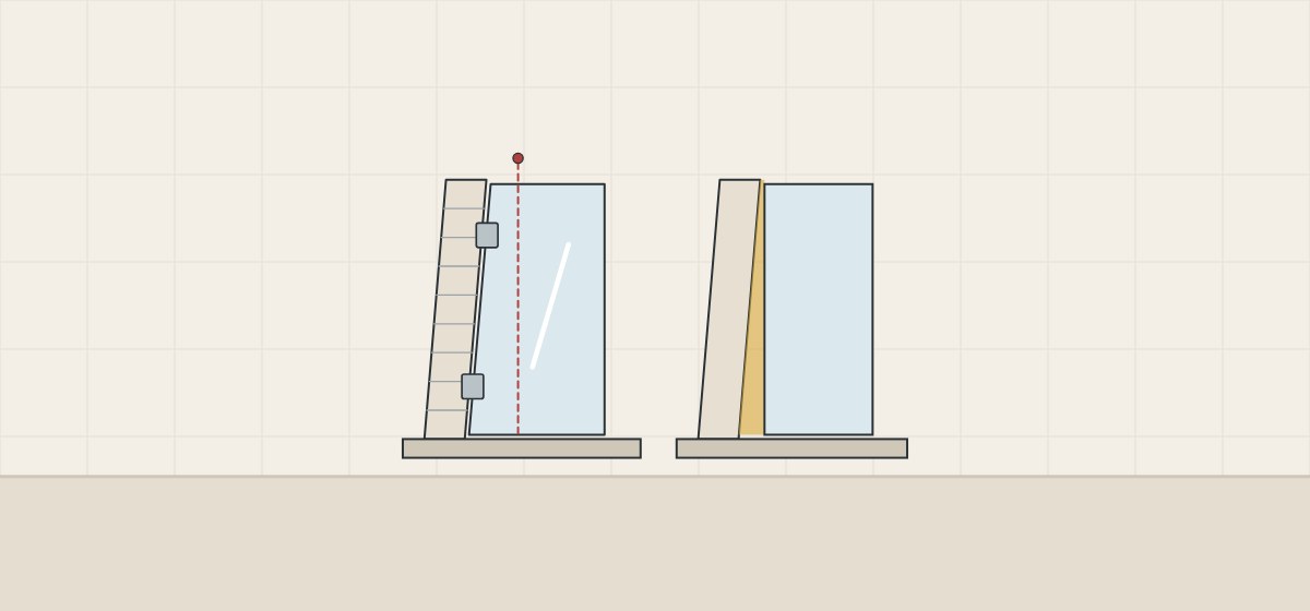 Illustration of a glass panel cut out of square to follow a leaning wall, beside a square panel that leaves a wedge-shaped gap
