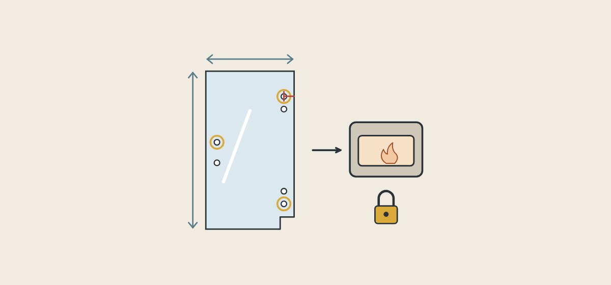 Illustration of a glass panel with marked holes and a notch, an arrow to a furnace, and a padlock