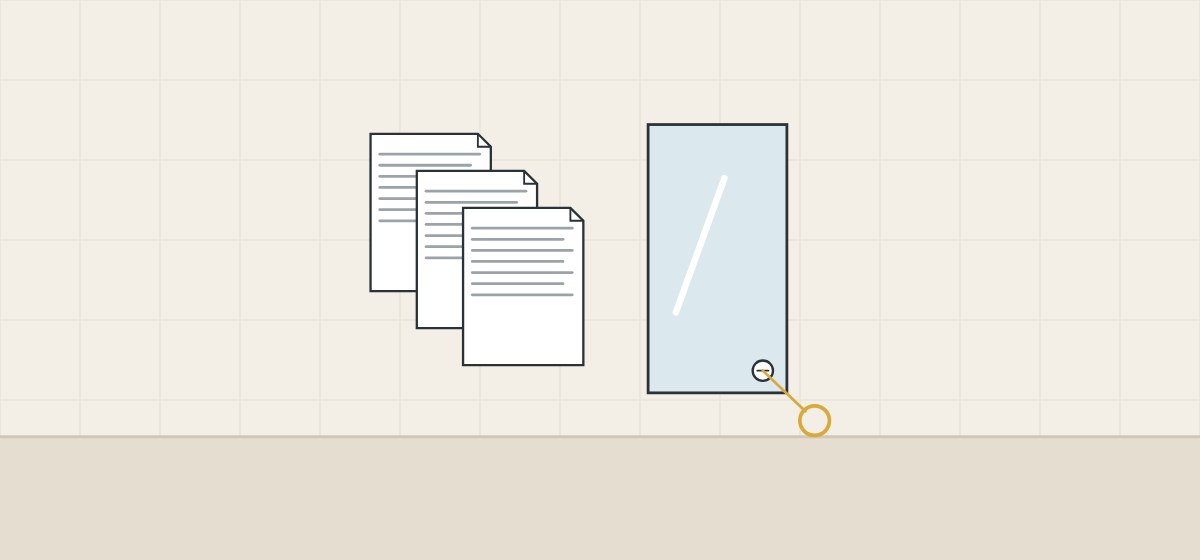 Illustration of three standard documents beside a glass panel with a small corner mark