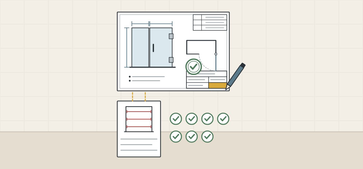 Illustration of a drawing sheet with an approval stamp and a pen, above a site measure sheet and seven ticks