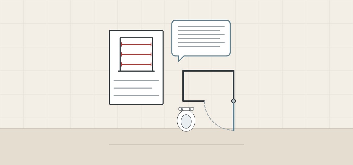 Illustration of a site measure sheet, a message bubble and a room plan with a door swing arc
