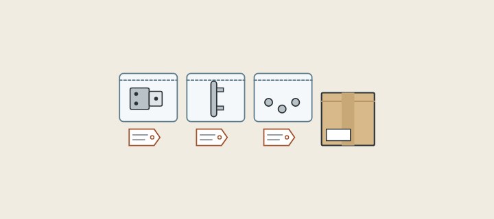 Illustration: three bags of hinges, a handle and fixings, each with a tag, beside a carton