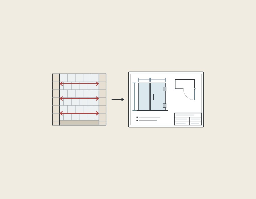 Illustration of a tiled shower opening with three width lines beside a drawing sheet of the enclosure