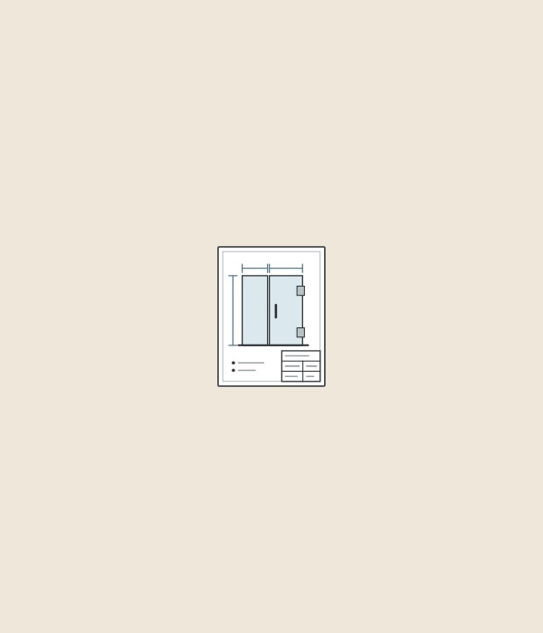 Illustration of a drawing sheet showing a two-panel glass enclosure with dimension lines and a title block