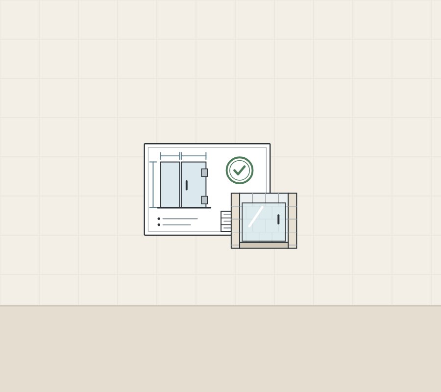 Illustration of a stamped enclosure drawing beside a tiled opening with the glass fitted