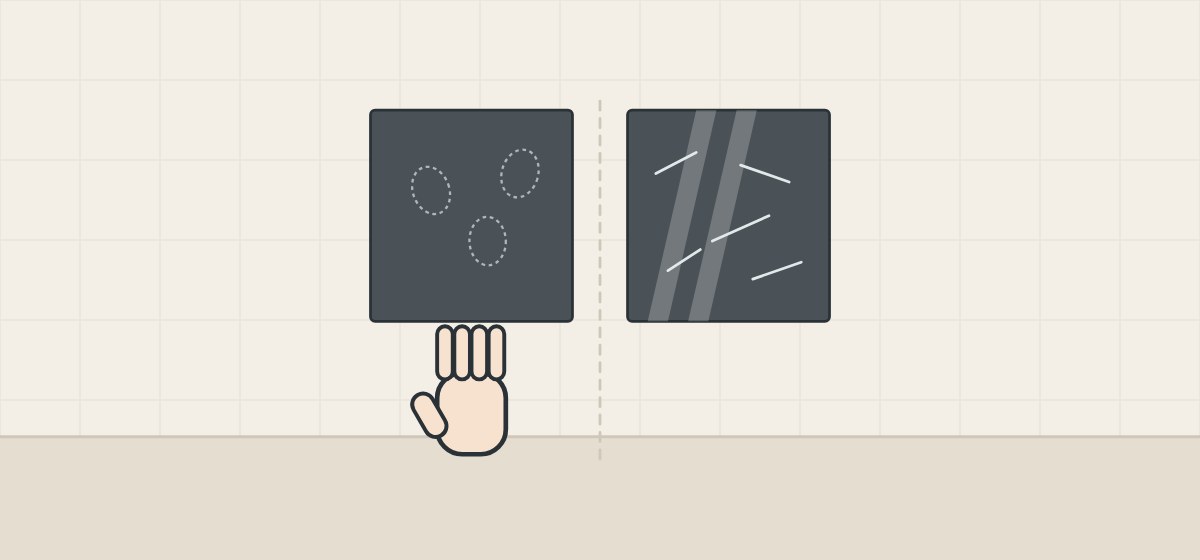Illustration of a matte dark sample with finger marks above a hand, beside a glossy dark sample with reflections and scratches