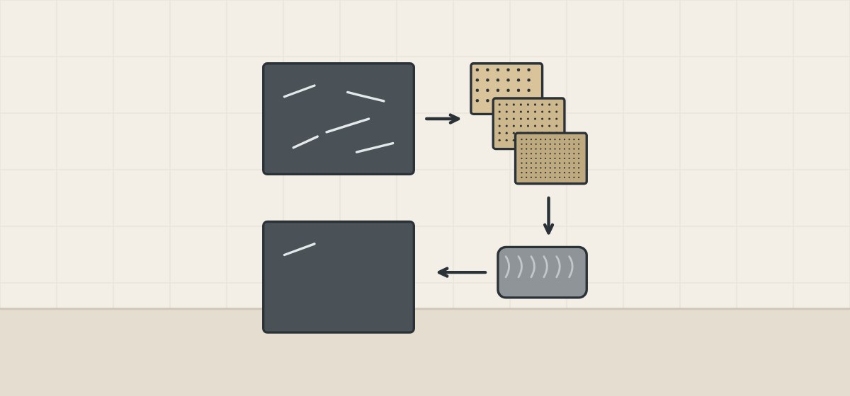 Illustration of a marked dark sample, three abrasive sheets from coarse to fine, a gray hand pad and the same sample with fewer marks, linked by arrows