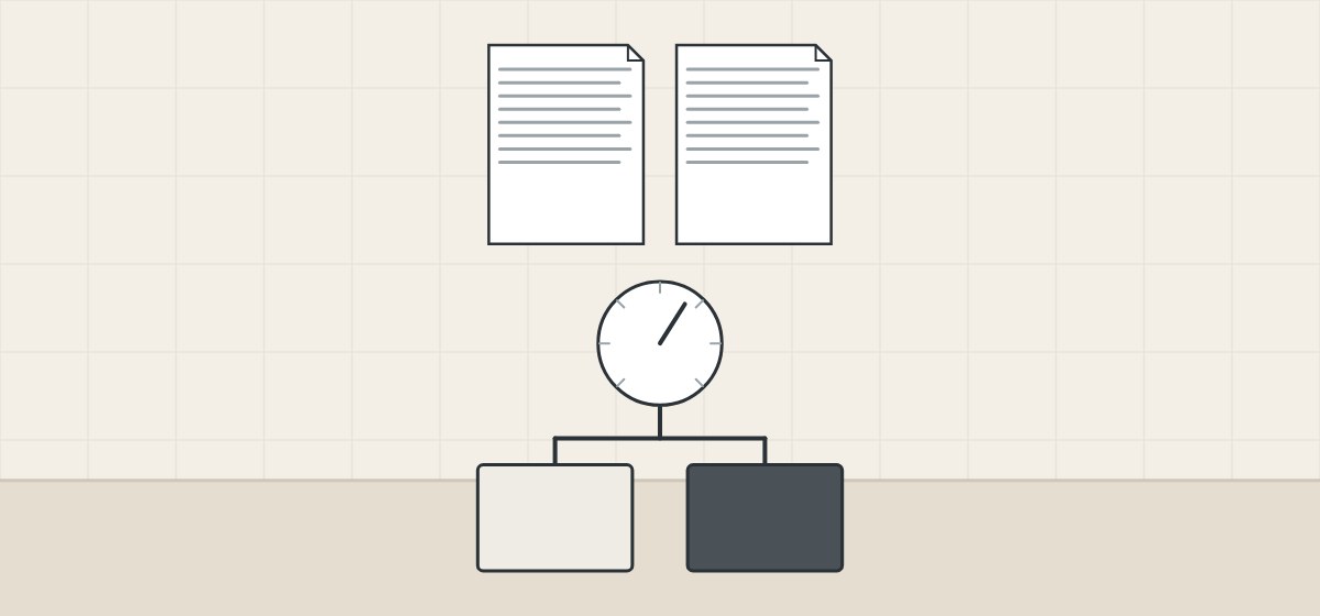 Illustration of two standard documents above one dial gauge linked to a light and a dark sample