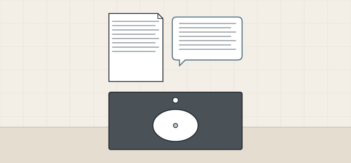 Illustration of a document and a message bubble above a dark vanity top with a basin
