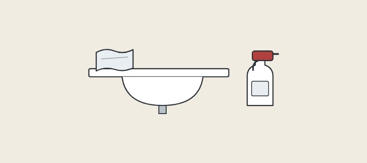 Illustration: a basin top in section with a cloth on it and a spray bottle beside it