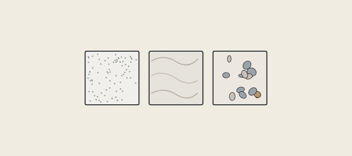 Illustration: three square samples: one finely speckled, one veined and one with large chips