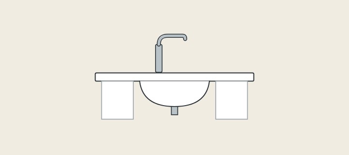 Illustration: a vanity top in section with an integrated basin, a faucet and a waste outlet